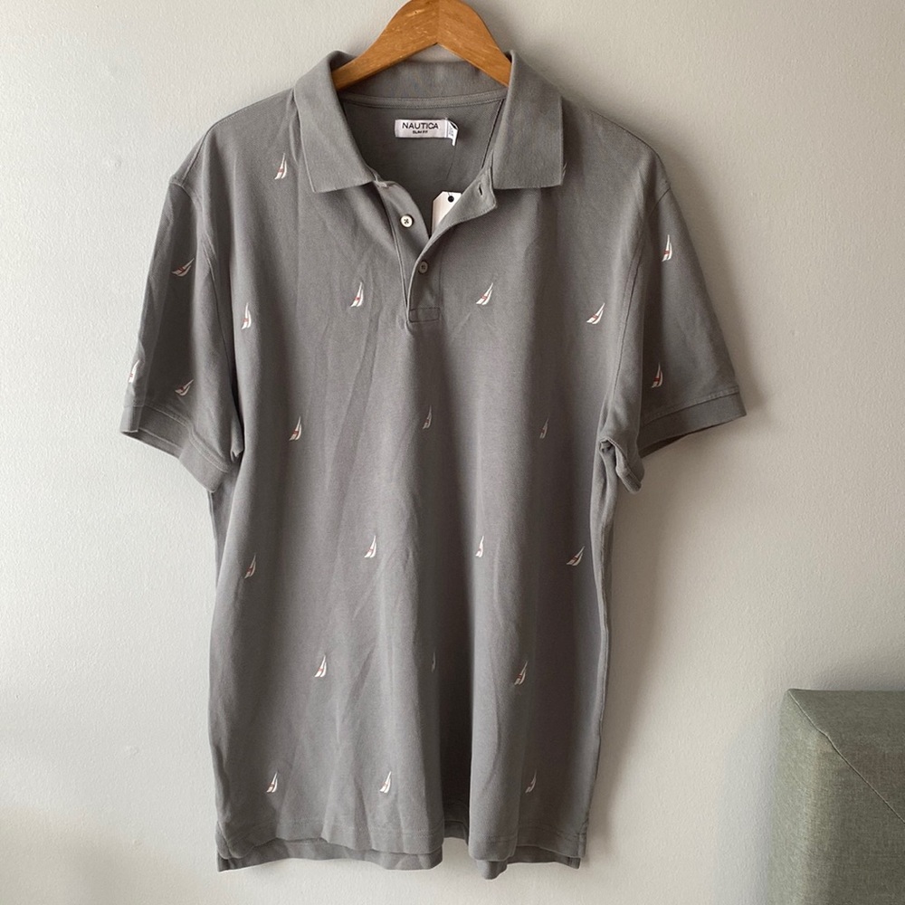 SOLD NWT Nautica Men's Slim Fit Gray Polo With Nautical Logos XL